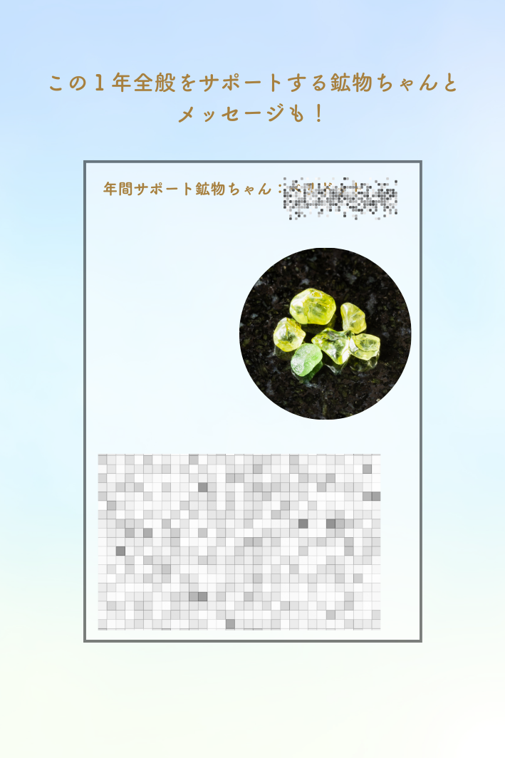 年間サポート鉱物ちゃんとメッセージが掲載された、鑑定PDFの一部サンプル画像。